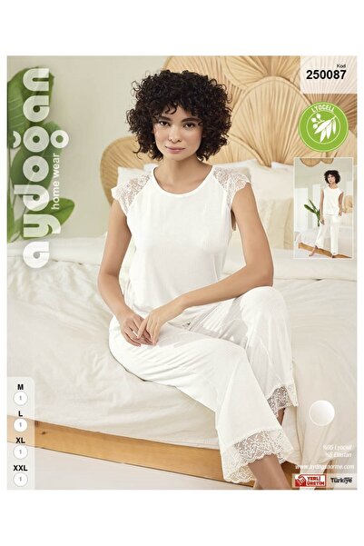 AYGEBU Aydoğan Γυναικεία Κρέμα 95% Lyocell 5% Elastane Δαντέλα Λεπτομερή Σετ Πιτζάμες