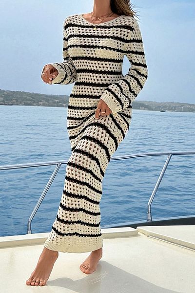 VAGGON Rochie de tricotaj maxi lungime ajurata de damă, bej, cu decolteu, Prm1028