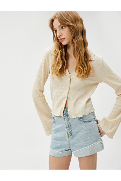 Koton Μακρυμάνικο T-Shirt - Περιτυλιγμένο με υφή με κουμπιά στον γιακά