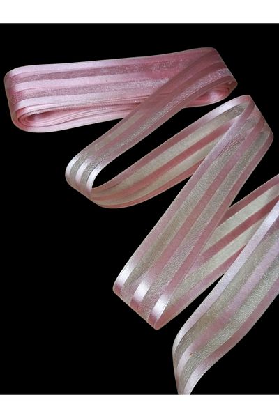 yörük tuhafiye Pink Satin Striped Chiffon Ribbon 3 cm - 10 Meters. Organza Ribbon
