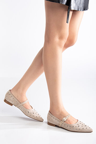 MS SUGAR SHOES Kadın Suni Süet Zımbalı Tokalı Sivri Burun Babet