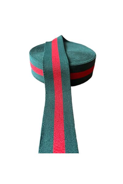 ŞENEL DAR DOKUMA 4cm Red-Green Striped Jacquard Woven Elastic-Waist Leg Skirt Flat Elastic- Elastic Band / 25m