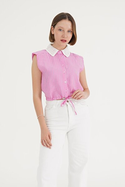 Hipo Trend Cămașă roz - Detaliu guipură cu rever, mânecă zero