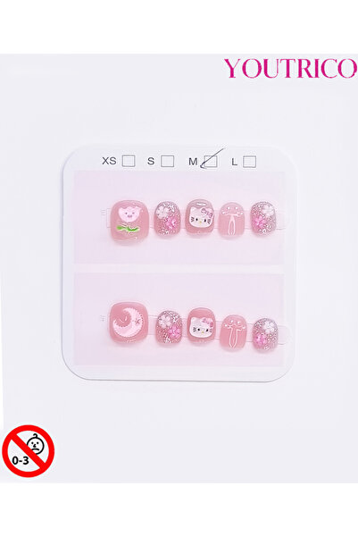 Youtrico أظافر لاصقة للأطفال مصنوعة يدويًا بنسبة 100% على شكل هالو كيتي - لون...
