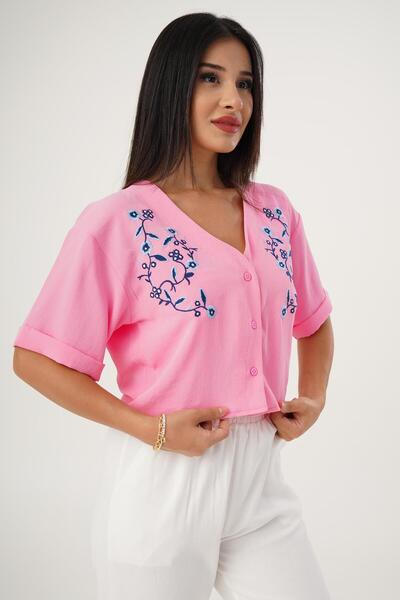 Hipo Trend Ροζ κοντομάνικο πουκάμισο με κέντημα λουλουδιών