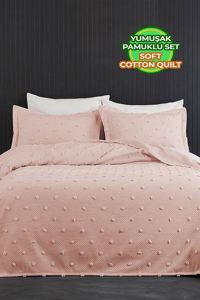 Evlen Home Collection Soft Daily Powder Ash Pike Set - Cotton Bedspread Set (3 Pieces)