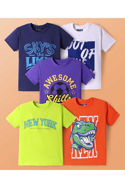 Pine kids Pine Kids Cotton Knit Half Sleeves T-Shirts with Dino & Text Print Pack Of 5 - Multicolor