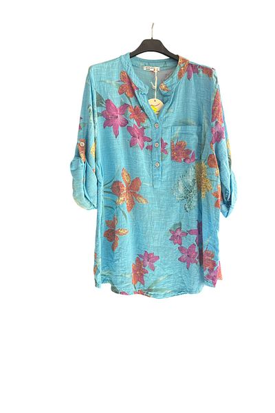 Park Moda Women's Italian Daffodil Leaf Print Button Detailed Folding Orphan Sleeve 100% Cotton Blouse
