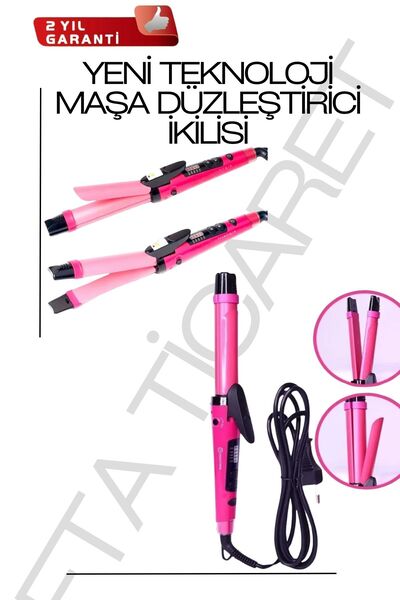 FTA TİCARET Set of 2 Pink Hair Straightener and Tongs - Professional Styling