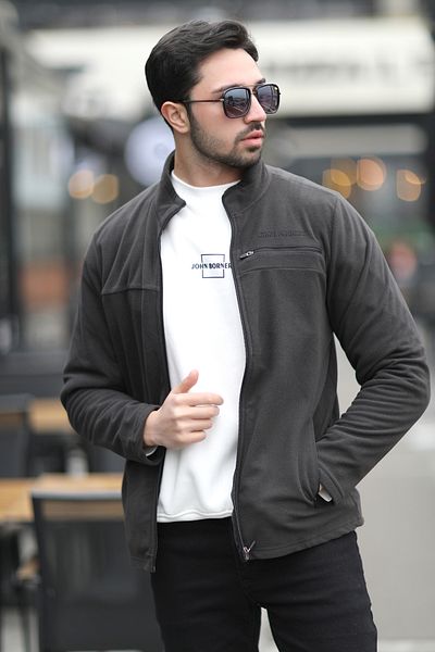 JB John Borners Men's Full Zippered Pocket Detailed Stand Collar Fleece Anthracite - 6054