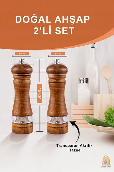 ebulduk Wooden Spice Salt Grinder with Acrylic Compartment 16 cm 2-Pak Set Brown