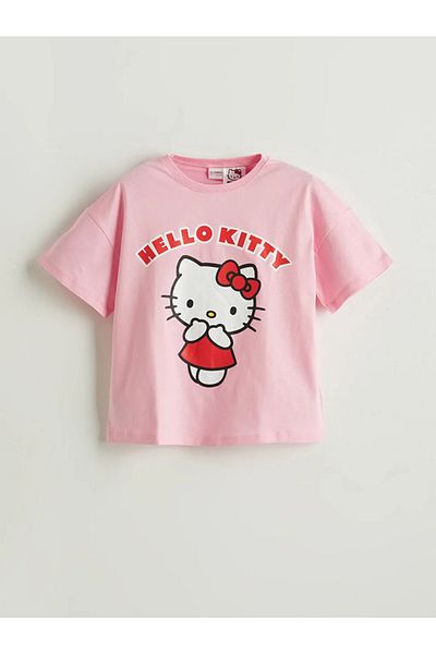 LC Waikiki Lcw Kids Pink Crew Neck Hello Kitty Printed Girls Pajama Set with Shorts