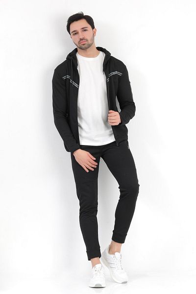 JB John Borners Set de trening din bumbac slim cu glugă neagră pentru bărbați, cu buzunare cu fermoar - 2202
