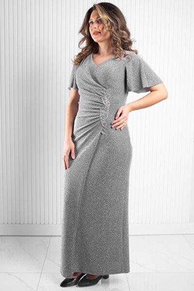 Modaviki Gray Simulation Evening Dress with Stone Accessories Mda2533