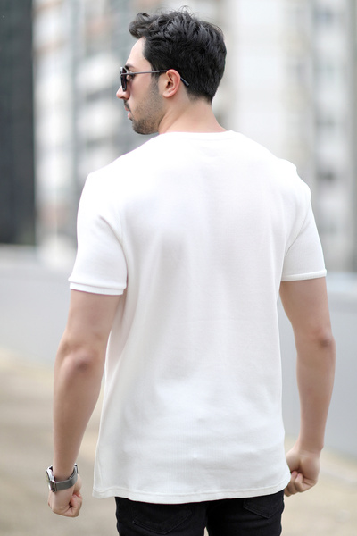 JB John Borners Ανδρικό μπλουζάκι με υφή βάφλα με λαιμόκοψη λευκό - 2709