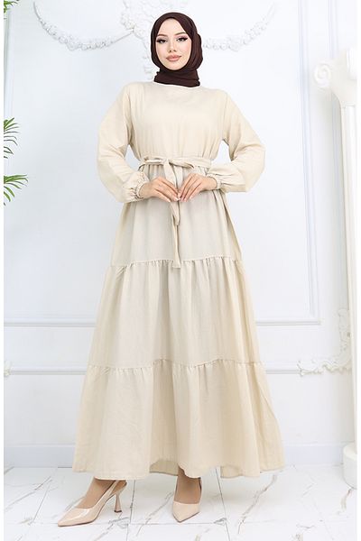 sefamerve Μπεζ φόρεμα με ζώνη - Sofia Linen Sleeve, είναι ελαστικό στυλ 2023-07