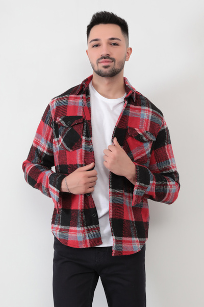 JB John Borners Men's lumberjack shirt anthracite-gray plaid black stripe detailed double pocket long sleeve cotton - 16423