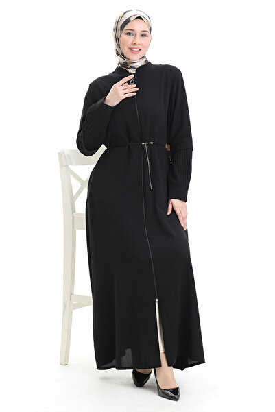 sefamerve Large Size Sleeve Pleated Lace up Ferace 6194-02 Black