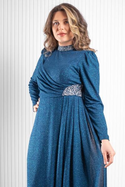 Modaviki Λεπτομέρειες Βραδινό φόρεμα με στάμπα με ασημί πέτρα petrol MDA2523