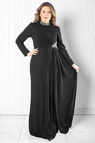 Modaviki Taş Baskı Detay Simli Abiye siyah MDA2523