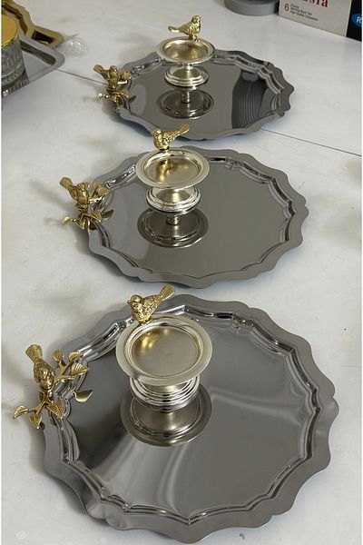 SEVA ÇELİK Steel Round Wave 3 Pieces Bird Model Tray and Silver Makaron Holder with Bird