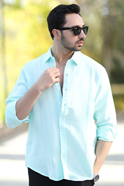 JB John Borners Erkek Pamuk Karışımlı Cepsiz Müslin Gömlek Su Yeşili - 16701