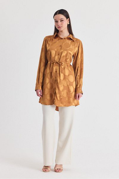 Rays Camel Polka Dot Pattern Rope Lacing Satin Shirt 4690A