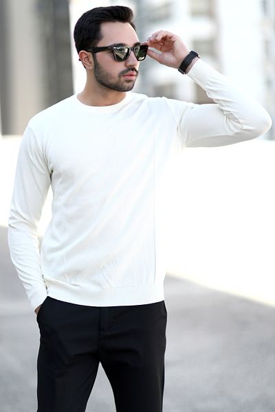 JB John Borners Men's brass knit sweater white o collar ribbed 100% micro flament knitwear - 1007