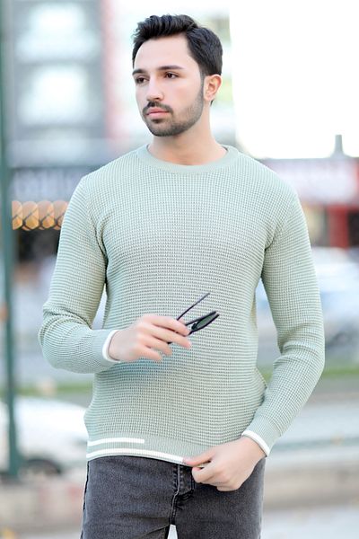 JB John Borners Men's knitwear sweater light green bicycle collar knit pattern rib stripe detail - 2006