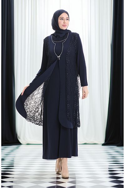sefamerve Plus Size Lace Vest & Dress Double Set - 4123-02 Navy Blue
