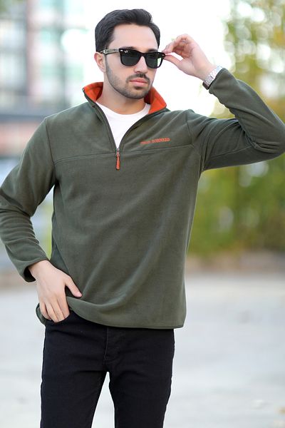 JB John Borners Men's Stand Collar Polar Fleece Khaki Half Zipper Embroidery Detailed Regularfit - 6001