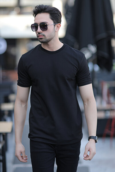 JB John Borners Ανδρικό μπλουζάκι με λαιμόκοψη από βαμβακερό μαύρο - 2639