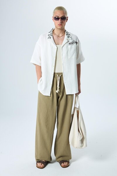 VAMOSCLO Nakış Detaylı Oversize Keten Gömlek Ekru