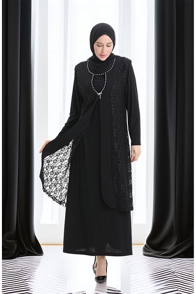 sefamerve Plus Size Lace Vest-Dress Suit Black 4123-01