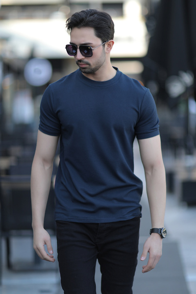 JB John Borners Ανδρικό μπλουζάκι με λαιμόκοψη από βαμβακερό μπλουζάκι Navy Blue - 2639