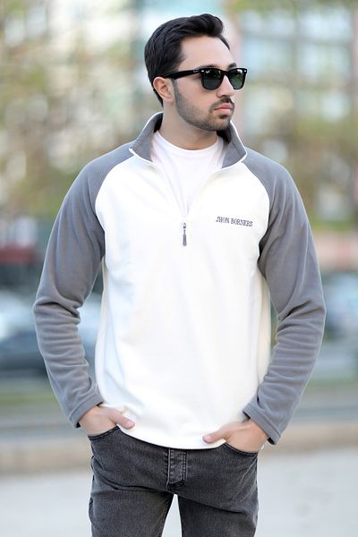 JB John Borners Men's Stand Collar Fleece White Gray Garnished Half Zipper Embroidered - 6055