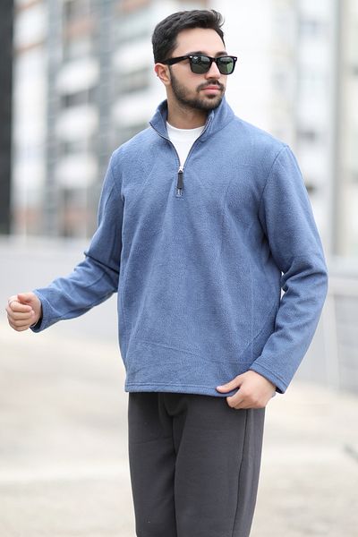 JB John Borners Men's Winter Fleece Sweatshirt Blue Half Zipper Stand Collar Throat - 6053
