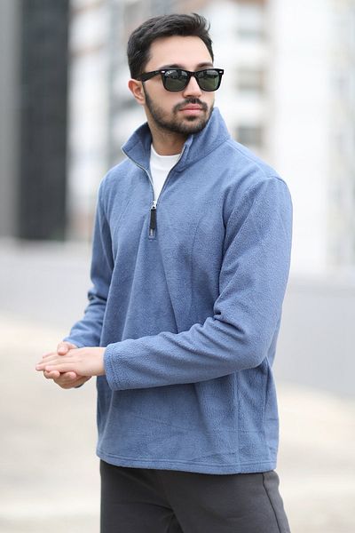 JB John Borners Men's Winter Fleece Sweatshirt Blue Half Zipper Stand Collar Throat - 6053