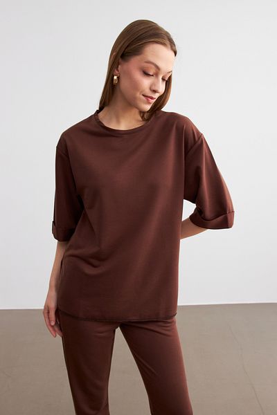MODAGEN Women's Brown Crew Neck Double Sleeve and Leg Bottom Top Set