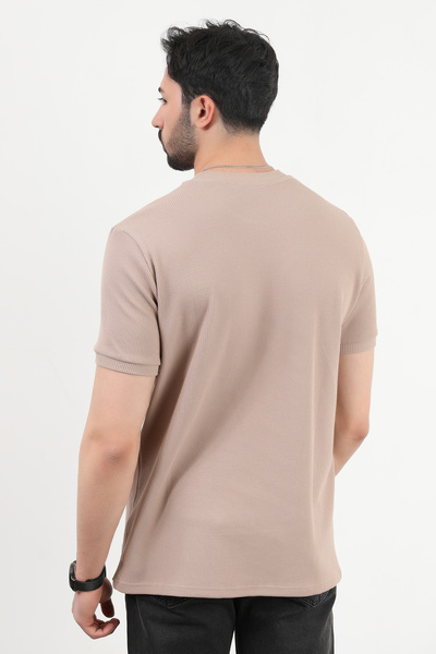 JB John Borners Ανδρικό μπλουζάκι με υφή βάφλα με λαιμόκοψη Mink - 2709