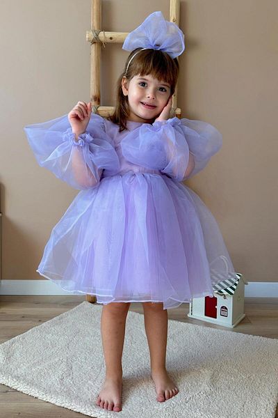 Le Mabelle Lilac Long Sleeve Organza Girls' Party Dress - Sage