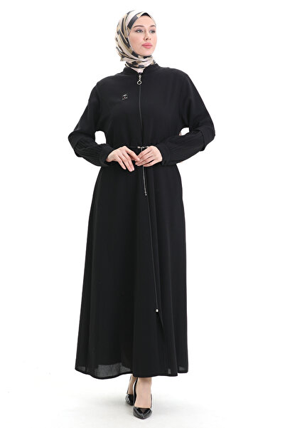 sefamerve Large Size Sleeve Pleated Lace up Ferace 6194-02 Black