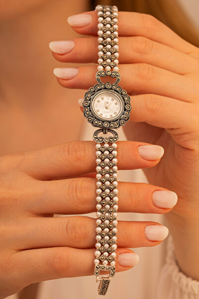 OSMANLI GÜMÜŞ Kadın Gümüş Saat - Gelin Saati - Düğün Saati - 3 Sıra Inci Kord...