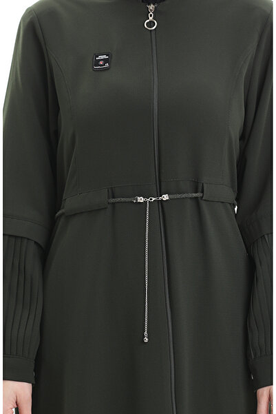 sefamerve Large Size Sleeve Pleated Lace up Ferace 6194-05 Khaki