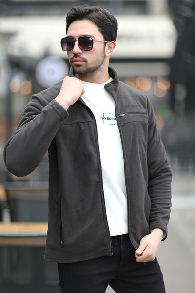 JB John Borners Men's Full Zippered Pocket Detailed Stand Collar Fleece Anthracite - 6054