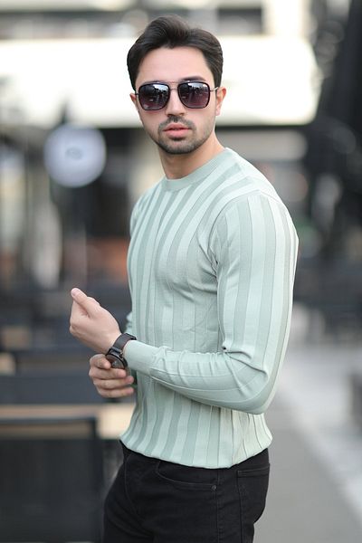 JB John Borners Men's Crew Neck Corded 100% Micro Flament Knitwear Light Green - 1006