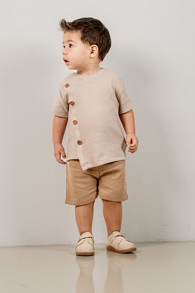 bombe Baby Kids Beige Crew Neck Shorts Cotton Comfortable 2-Piece Set Trend Fashion Bottom Top Set