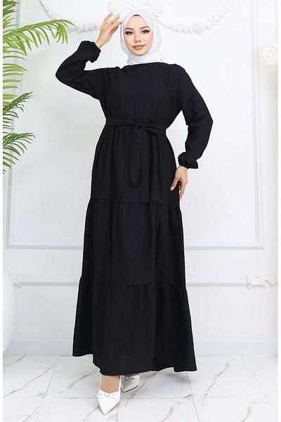 sefamerve Φόρεμα Sofia Linen Sleeve Elastic Belted 2023-01 Μαύρο