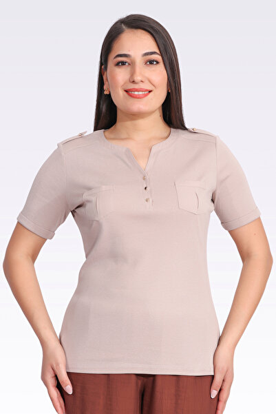 TOLGA SARAÇOĞLU 10654 BEJ SIFIR YAKA KISA KOL ÖRME BLUZ