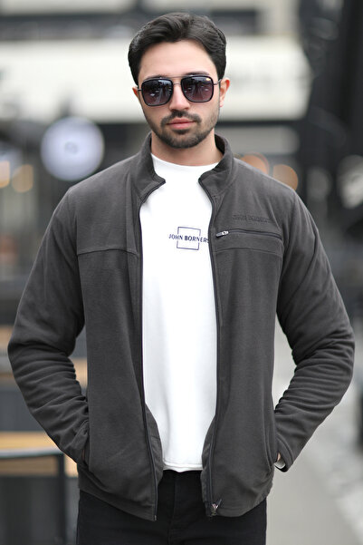 JB John Borners Men's Full Zippered Pocket Detailed Stand Collar Fleece Anthracite - 6054